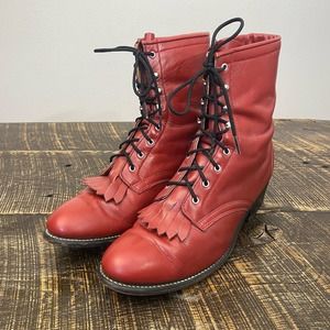 Red Ankle Boots with Fringe Detail